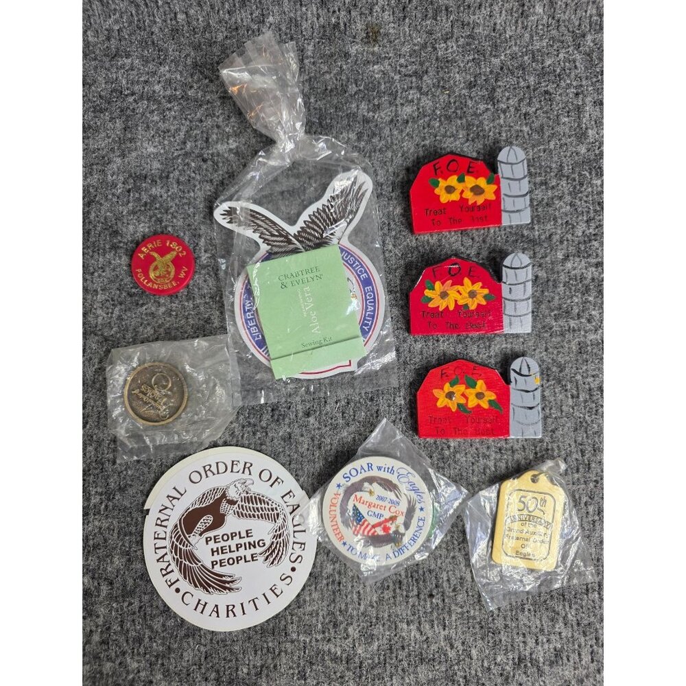 Fraternal Order Of Eagles Collectible Lot Pins Magnets Stickers Keychains